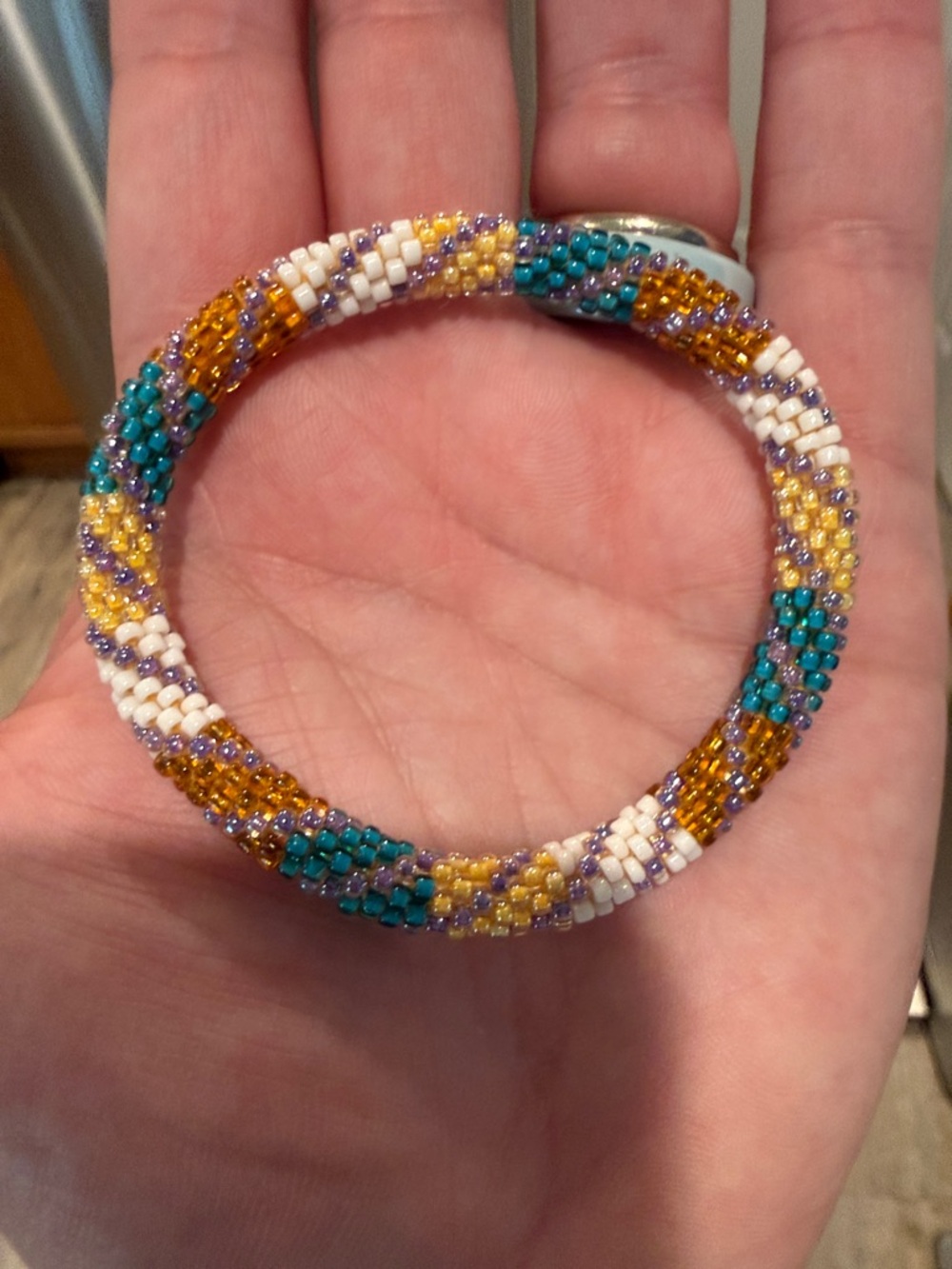 Handmade in Nepal Beaded Spiral Bangle Bracelet - Teal, White, Gold, Purple